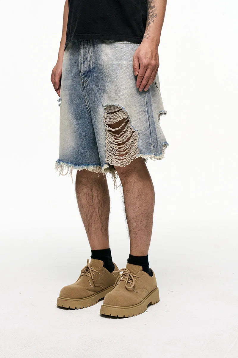 Light blue retro washed men's baggy denim shorts with wide leg fit