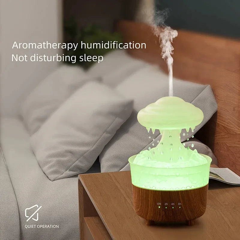 Wood grain white cloud-shaped humidifier diffuser with LED lights and water droplet effect