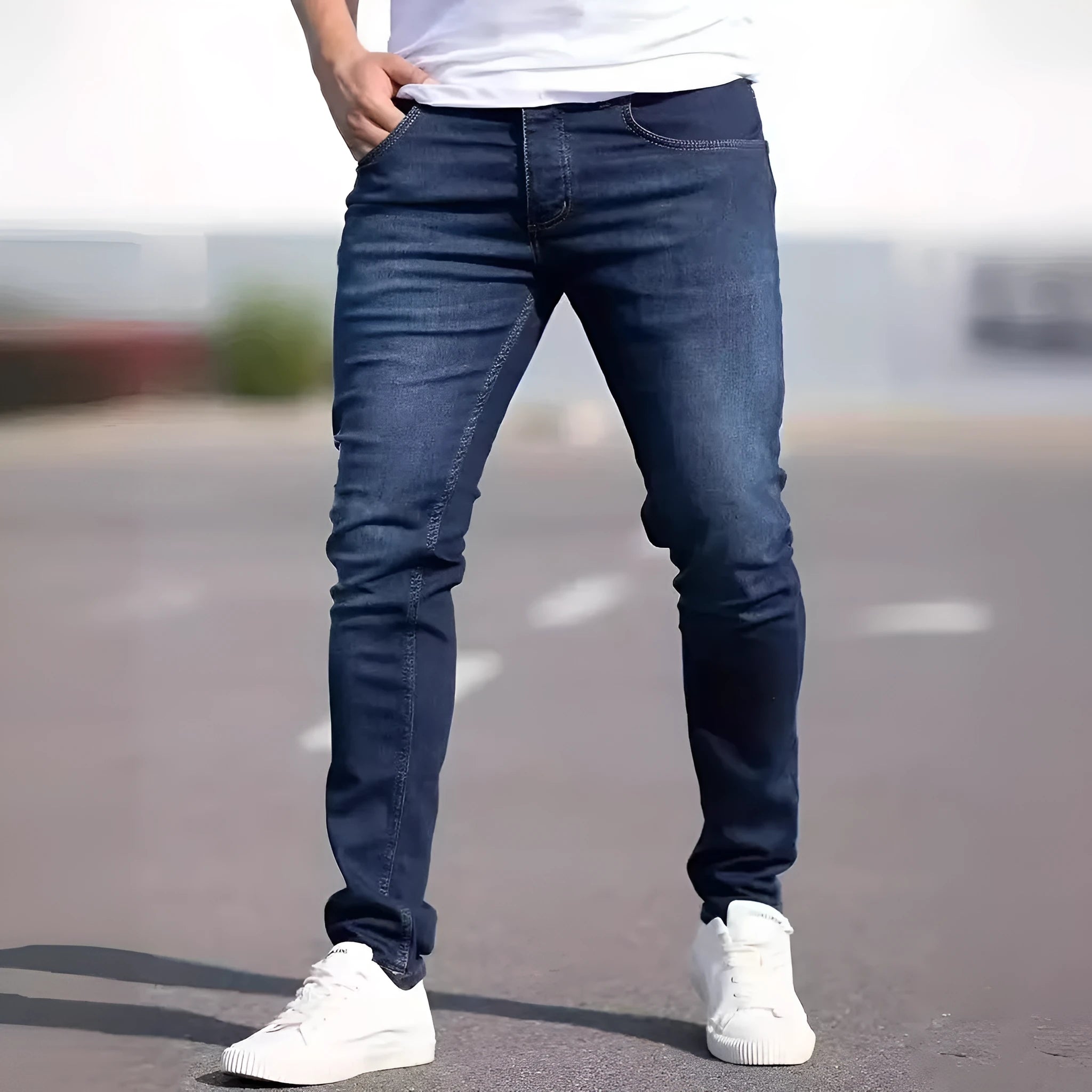 Men's dark blue slim fit casual jeans with skinny leg cut and zipper fly closure
