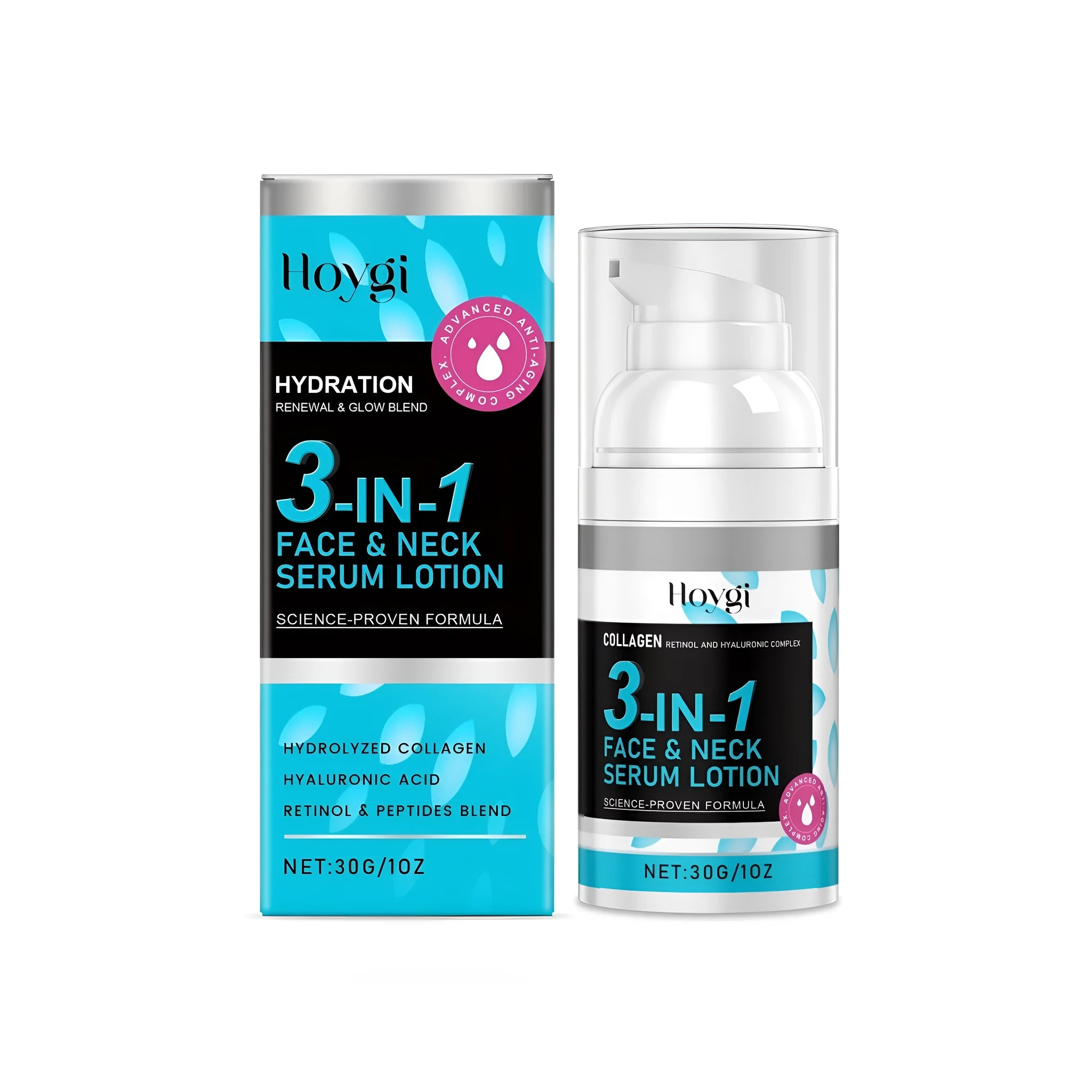 30g tube of 3-in-1 face and neck serum lotion with collagen, retinol, and hyaluronic acid