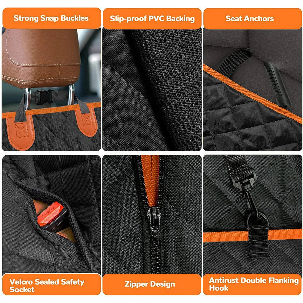Black and orange edge waterproof dog car seat cover with mesh window and storage pocket on a car rear seat.