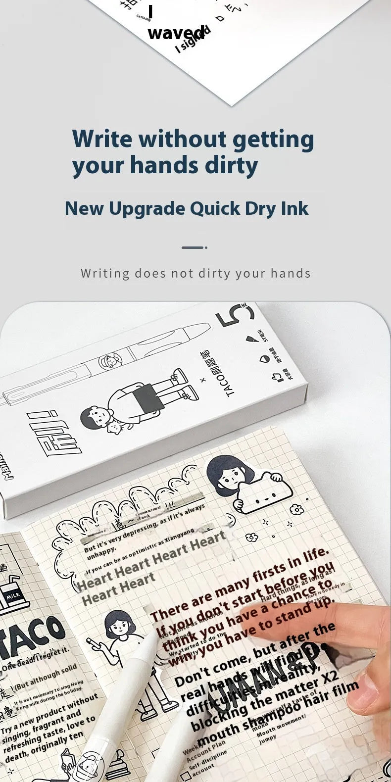 Five white Taco ballpoint pens with 0.5mm black ink refills showing quick-drying technology