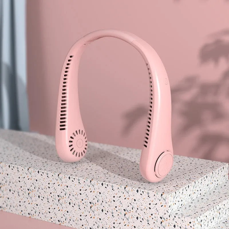 Blue USB charging portable bladeless neck fan showing adjustable speed settings