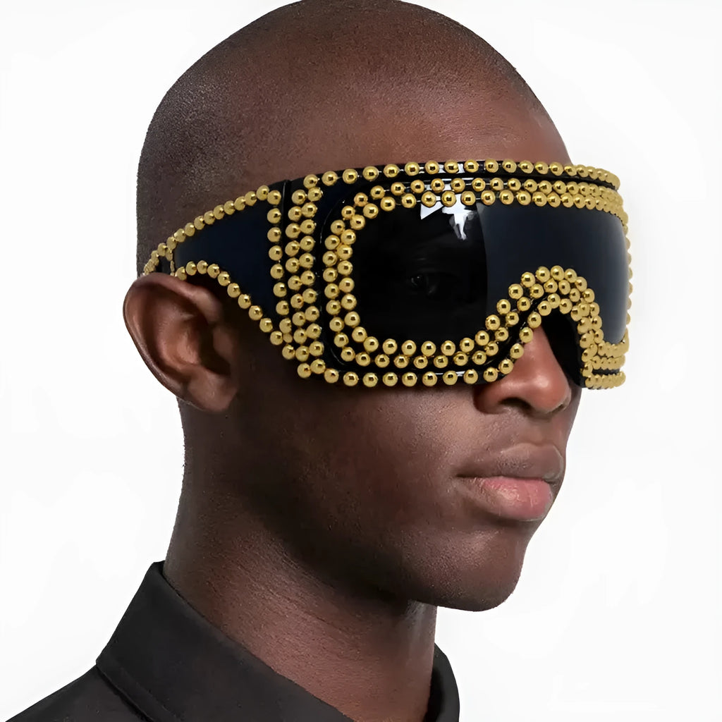 Men's punk sunglasses with super large square frame and rivet accents in silver or gold