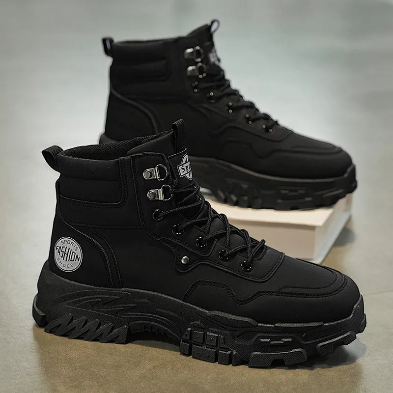 Men's black and yellow Martin work boots with a mid-calf height and injection moulded sole