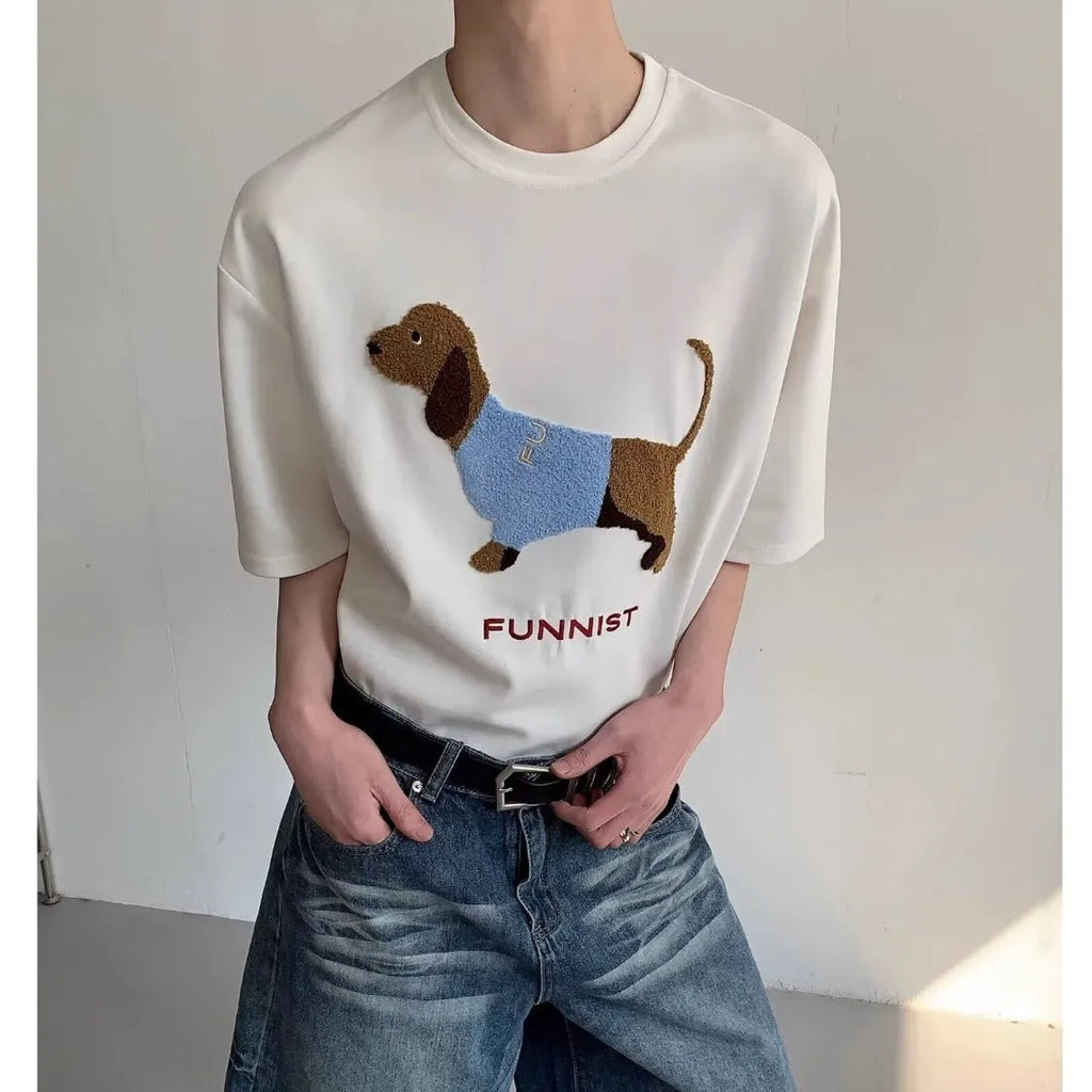 Men's grey cotton T-shirt with embroidered sausage dog holding towel design on front