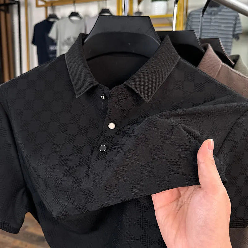 Rhombus thin ice silk short sleeve t-shirt in black with V-neck and side slit detailing