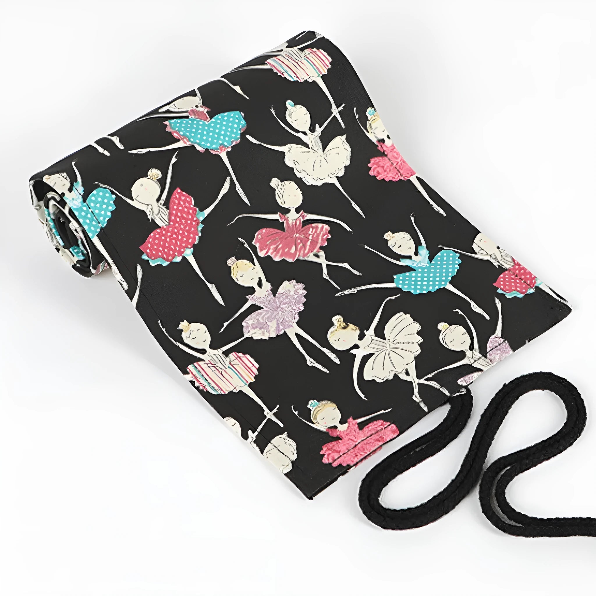Square canvas rolling pencil case with ballet girl print, unrolled to show multiple pencil holes.