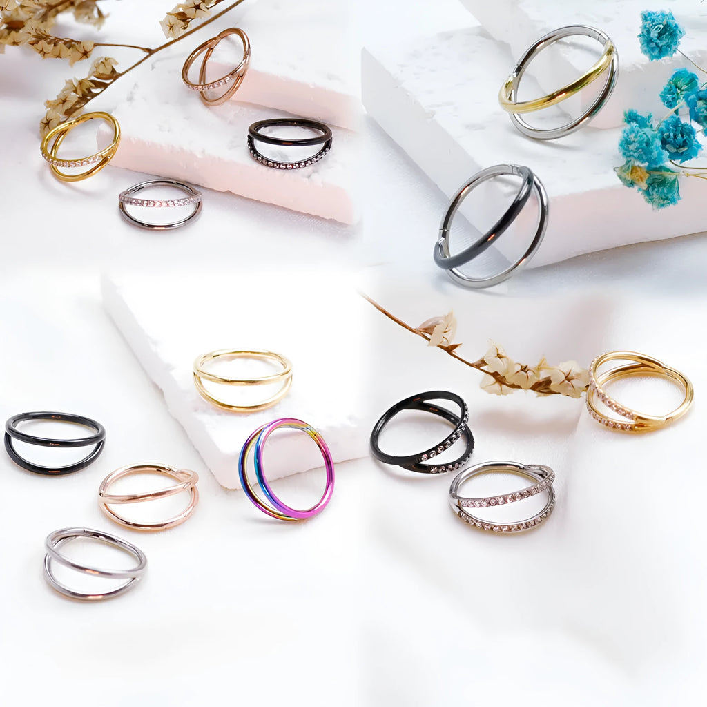 Titanium alloy fork style nose ring on a plain background showing silver, gold, black, and rose gold colour options.