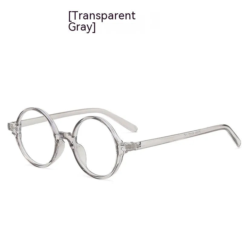 Artistic retro round flat mirror glasses in bright black, sand black, tofu pudding, and transparent grey colours.