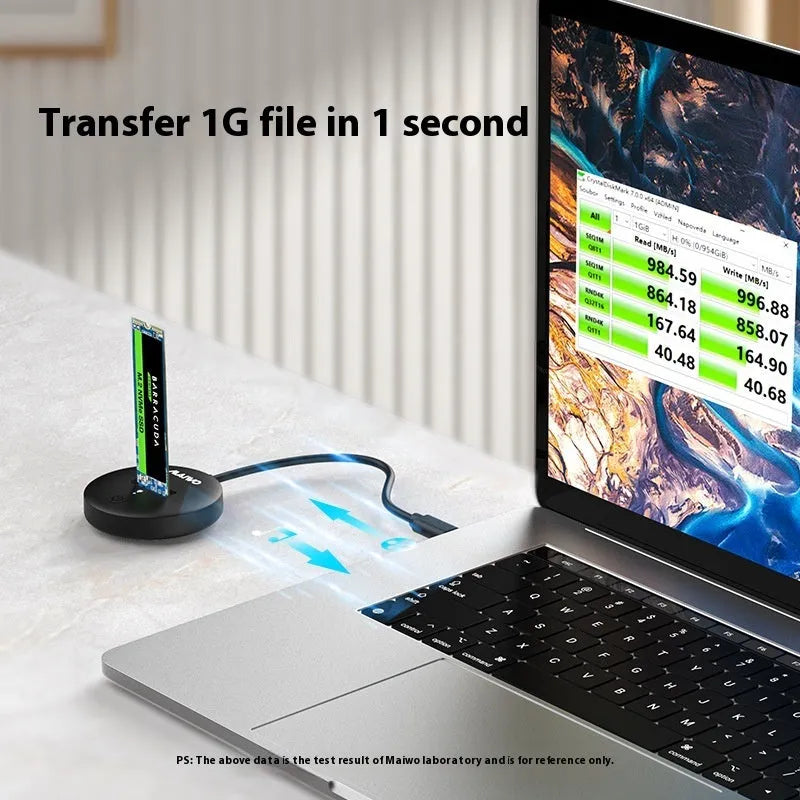 Black external USB-C NVMe SSD enclosure for M.2 drives with 10Gbps transfer speed
