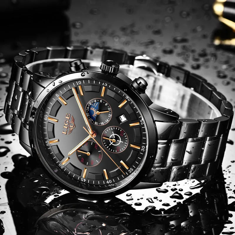 Men's waterproof quartz watch with moon phase display in black and rose gold colour option