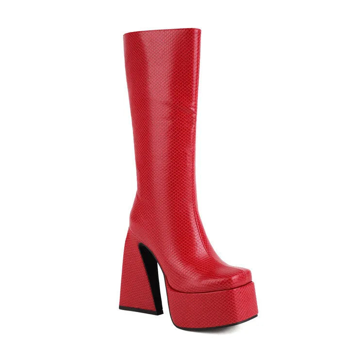 Women's casual high boots with artificial PU upper in black, red, blue, or white colour options
