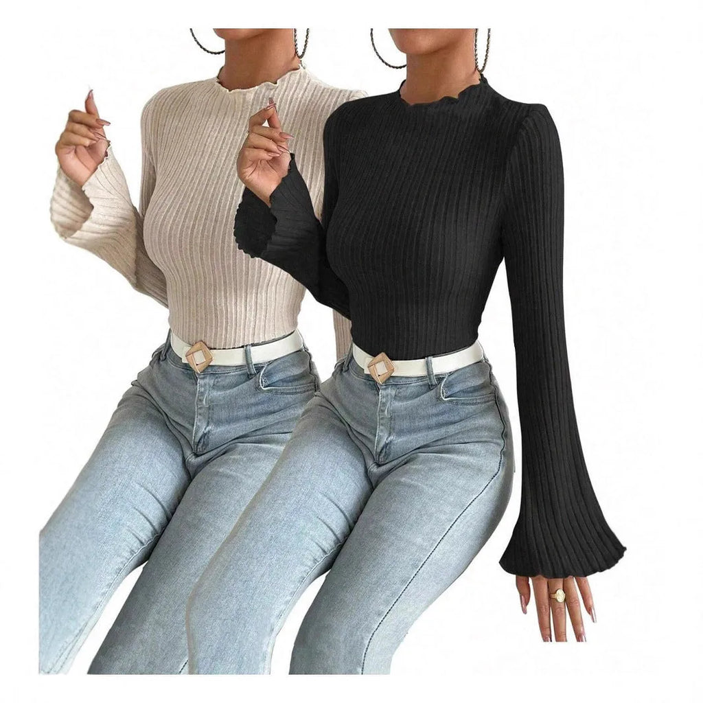 Black long sleeve round neck top with sunken stripe pattern and lantern sleeves