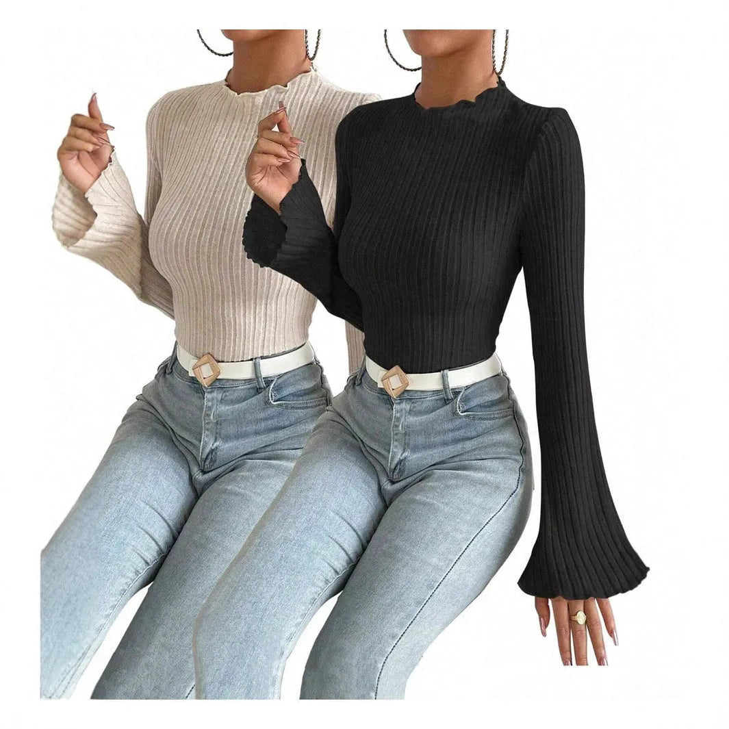Black long sleeve round neck top with sunken stripe pattern and lantern sleeves