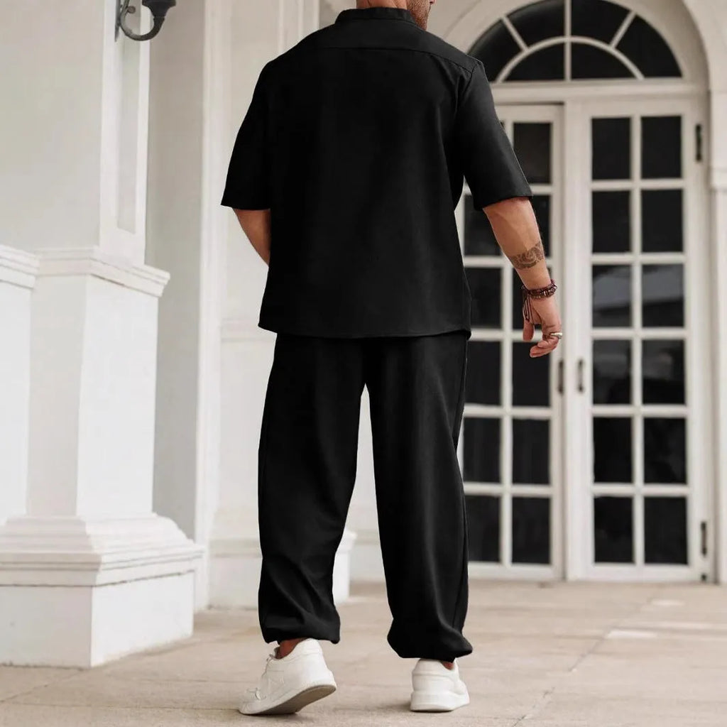 Men's cotton linen casual short-sleeved shirt and trousers set in apricot colour