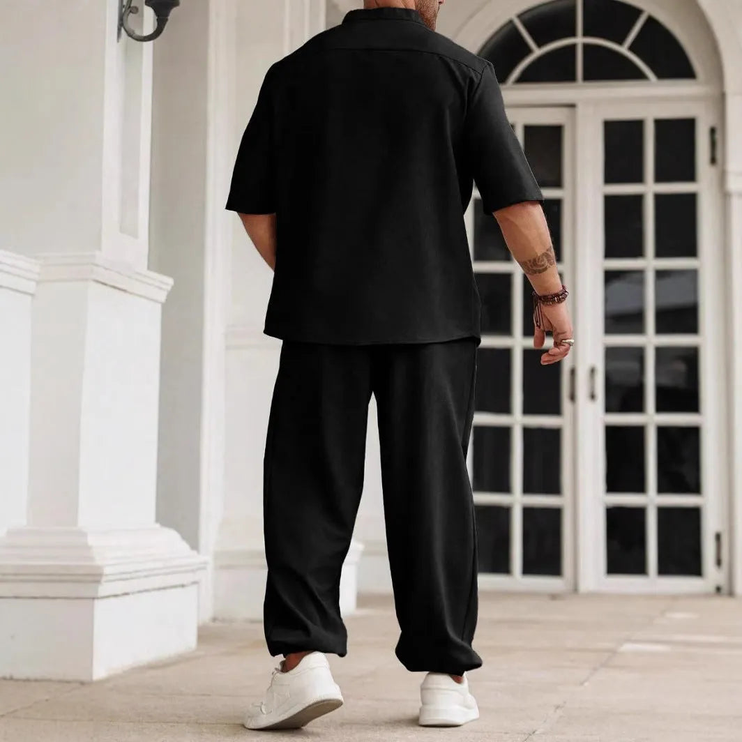 Men's cotton linen casual short-sleeved shirt and trousers set in apricot colour