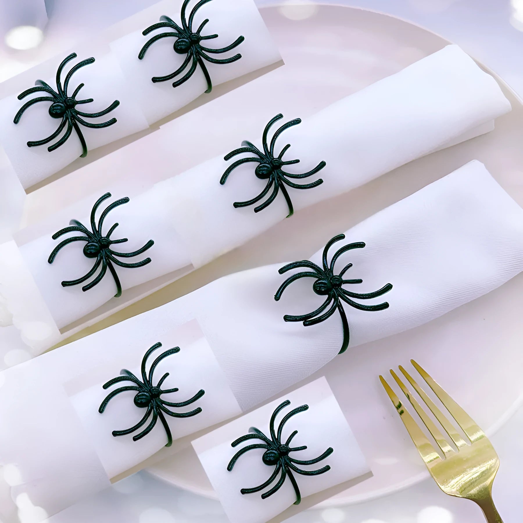 Six black spider Halloween napkin rings made from alloy metal with electrophoresis finish