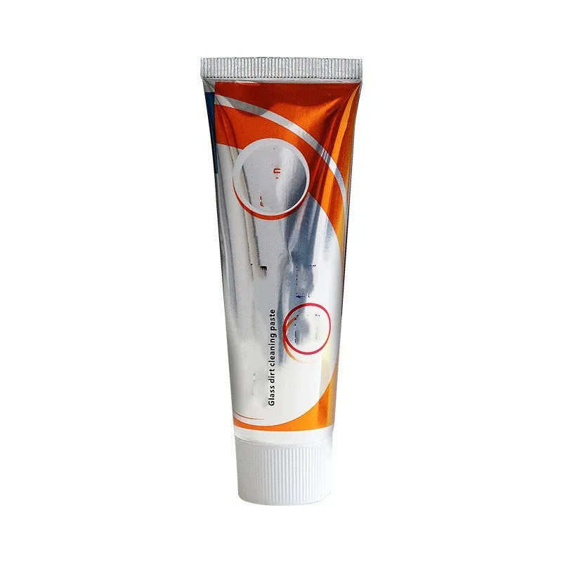White bottle of 65ml car windscreen descaling paste and sponge mop for cleaning oily glass stains