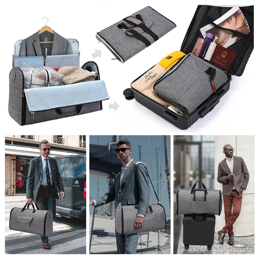 Folding dark blue oxford cloth duffel bag with handles, shown in travel setting.