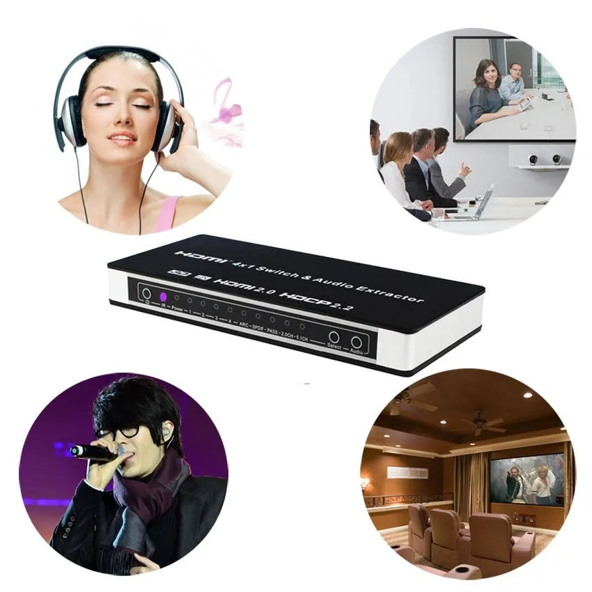 Black HDMI audio video switch with four inputs and one output, remote control, power adapter, and instruction manual
