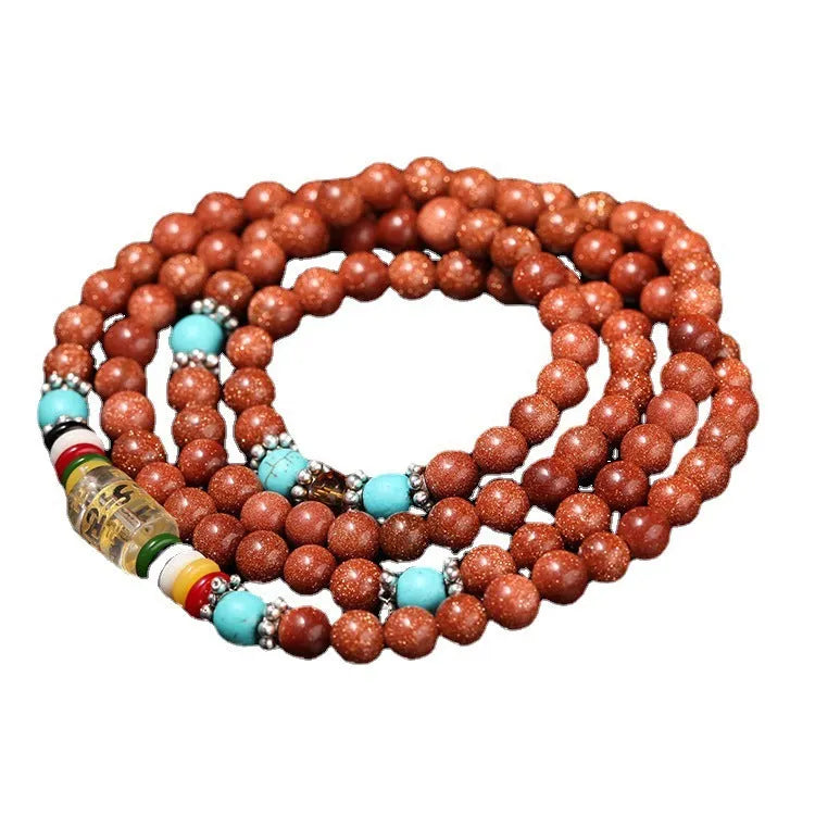 Golden star stone nugget sand bracelet with six words mantra and fu character design