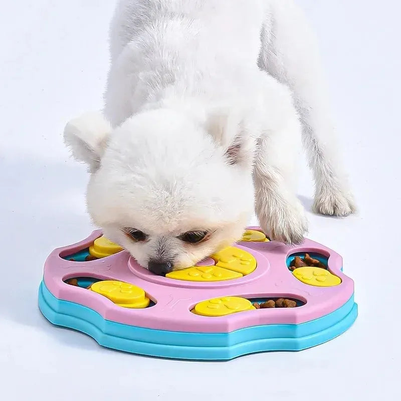 Blue and pink interactive dog puzzle food bowl for aggressive chewers with treat-dispensing games