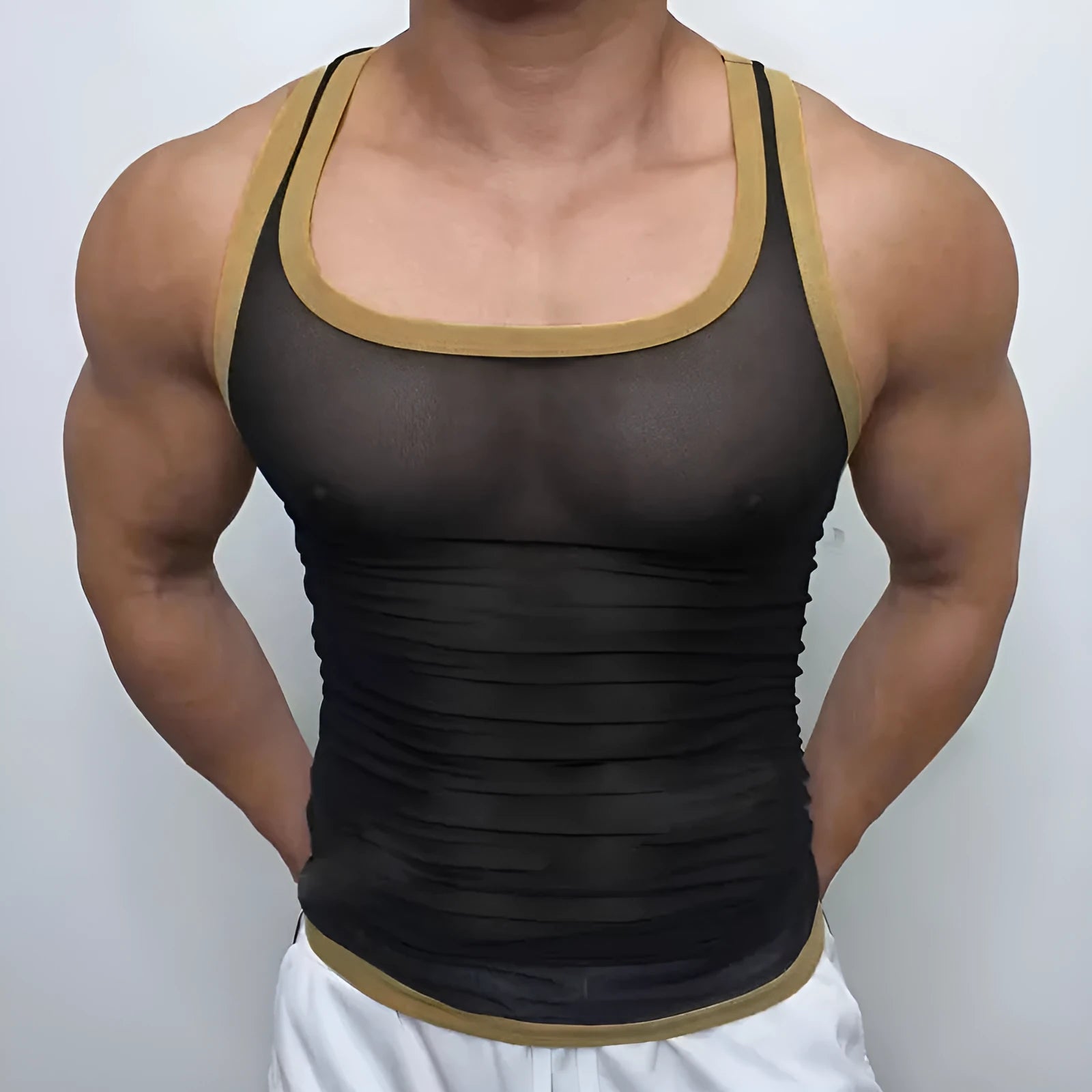 Men's black mesh sports vest with straight hem design, shown front view