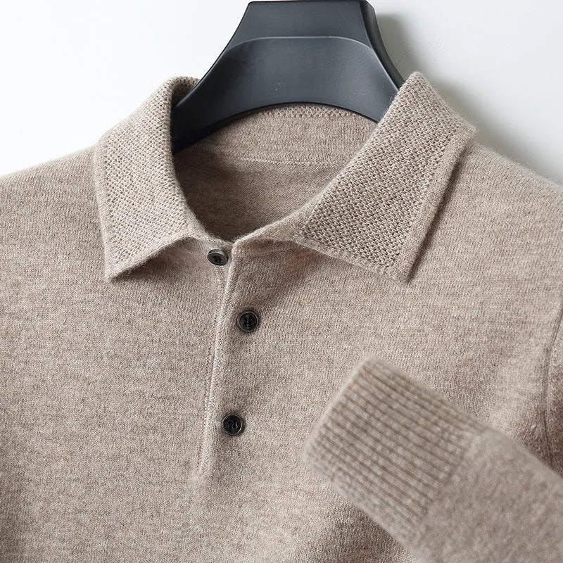 Men's woollen polo collar sweater pullover with long sleeves in multiple colour options