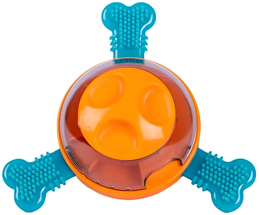Interactive dog chew toy with rubber bones for small and medium puppies, shown as slow feeder puzzle