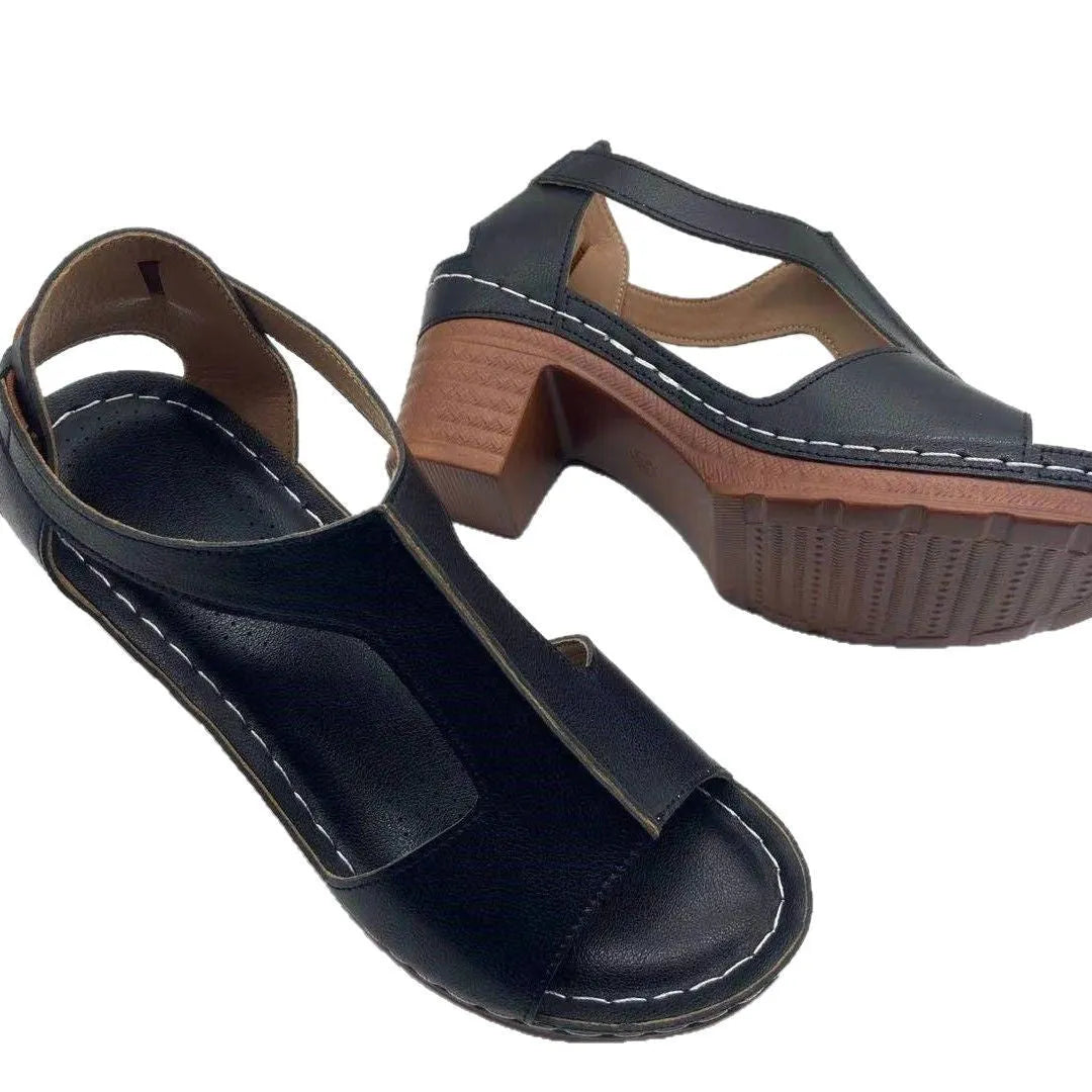 Roman style women's wedge sandals with open peep toe, buckle detail, and a low heel, shown in multiple colours.