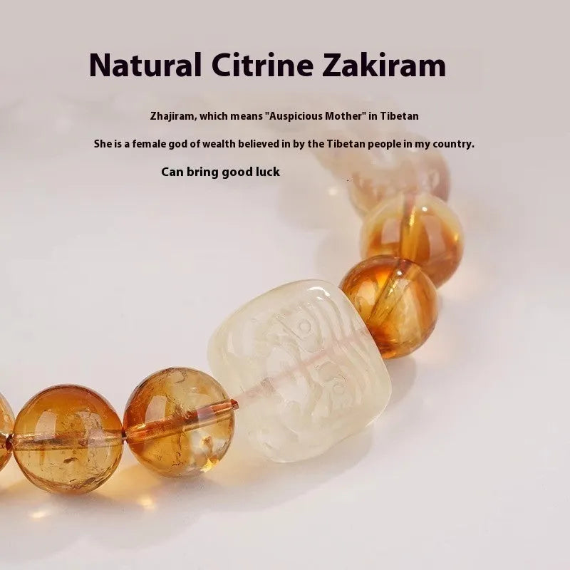 Women's carved citrine ethnic bracelet with 10mm geometric crystal beads