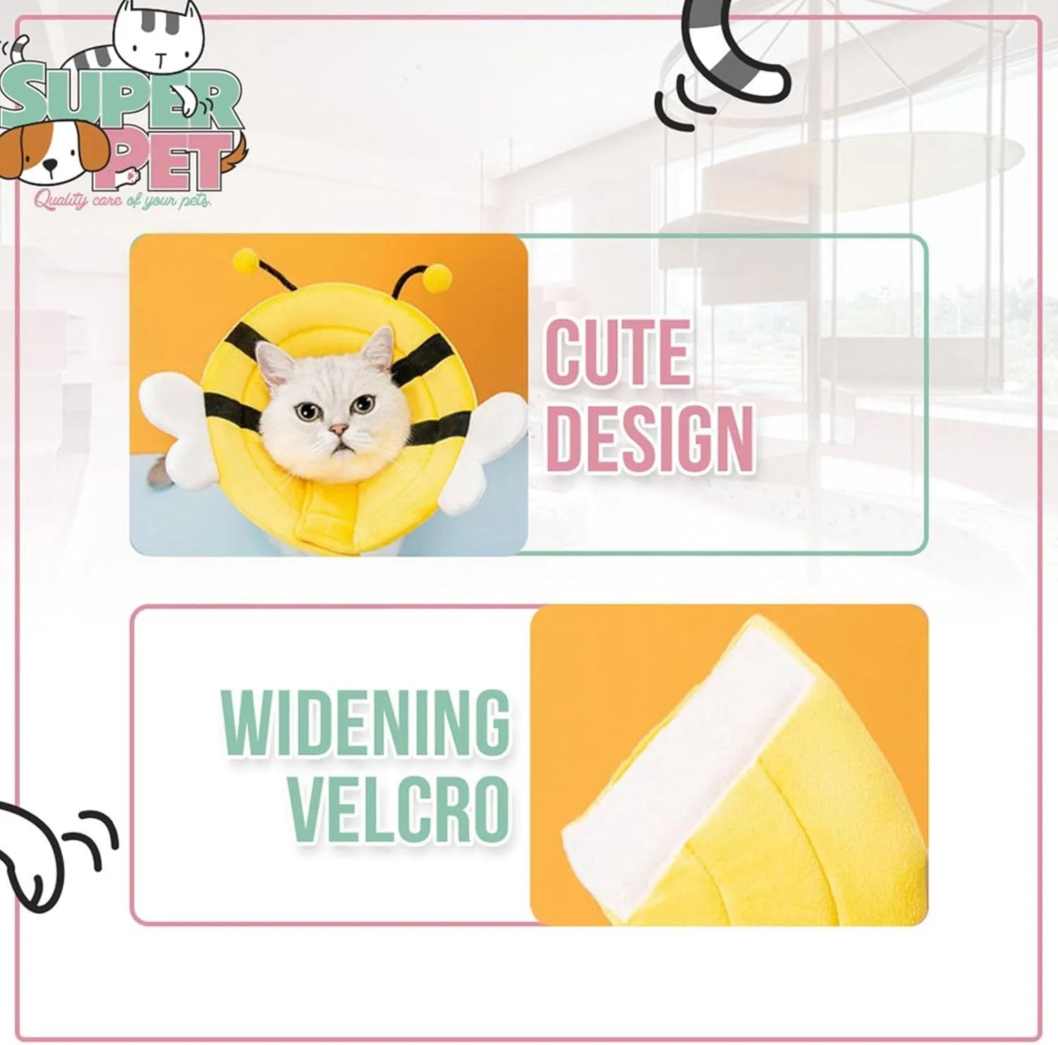 Soft white cat cone collar with a black and yellow bee design and Velcro closure.