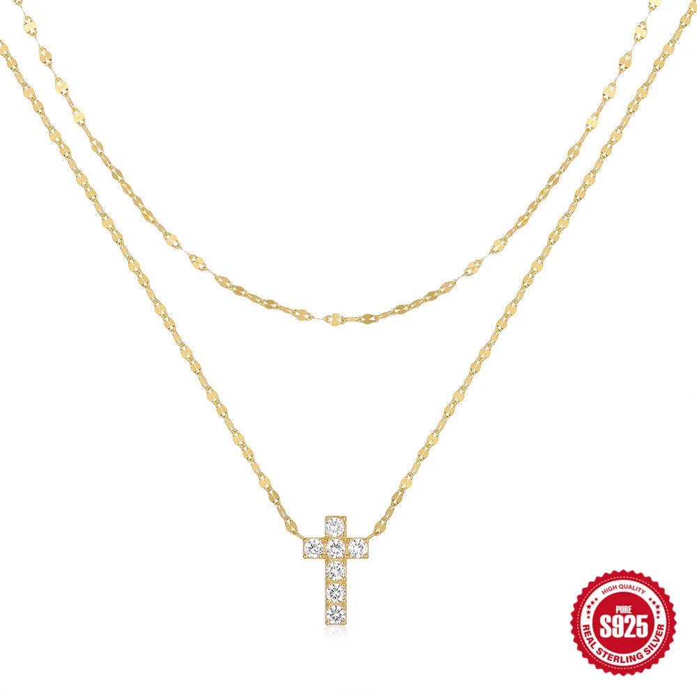 Sterling silver double layer cross pendant necklace with diamond cut treatment on clavicle chain