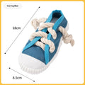 Plastic dog slipper chew toy with squeaker in black, blue, or yellow