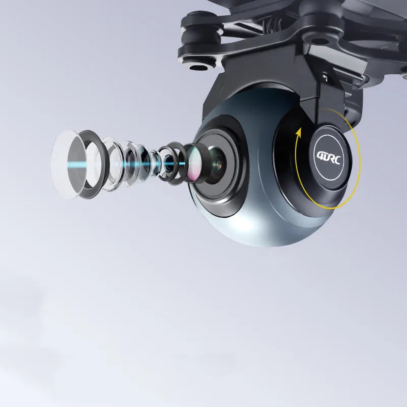 Black quadrocopter drone with four rotors, GPS module, dual cameras, and a 6-channel handheld remote controller.