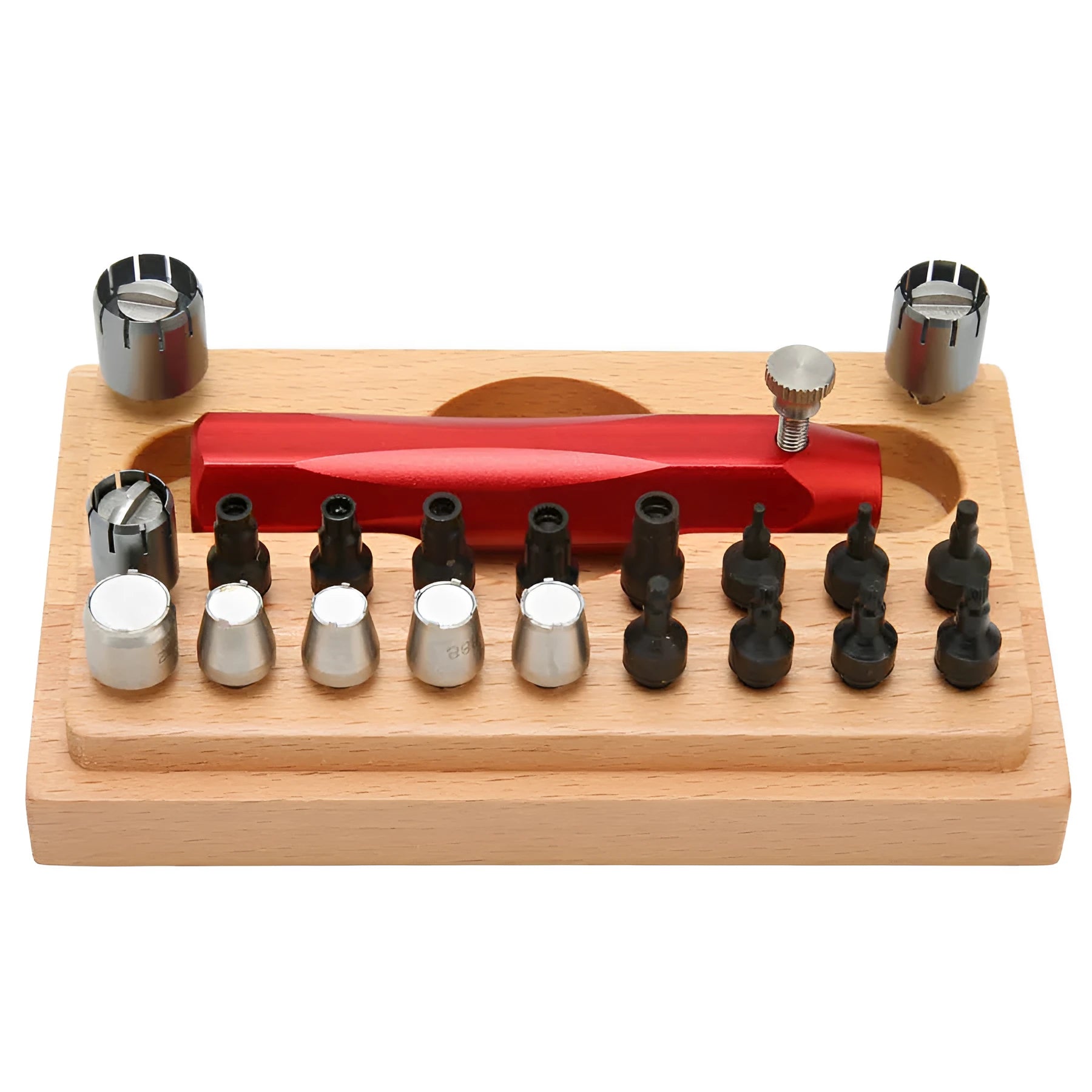 Steel watch repair tool kit with 20 pieces for opening cases and extracting tubes.