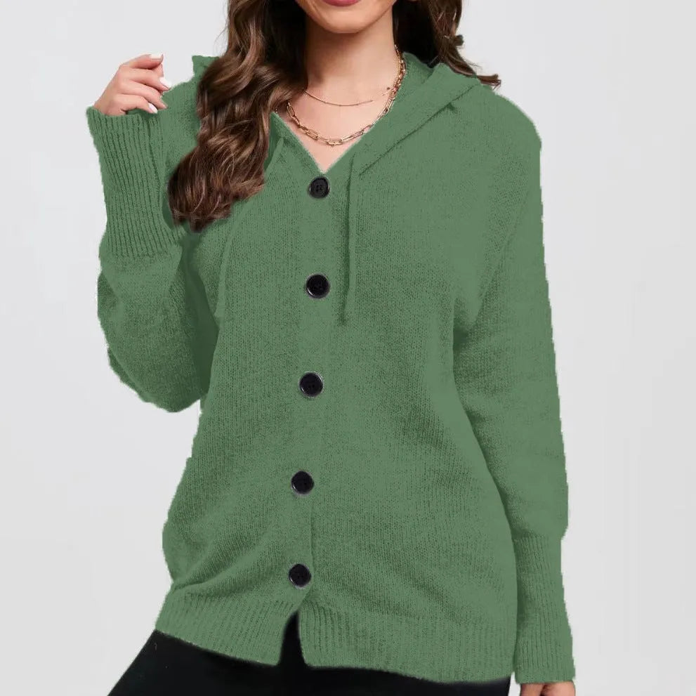 Women's loose-fit hooded cardigan sweater in a solid colour with a 3D textured pattern.