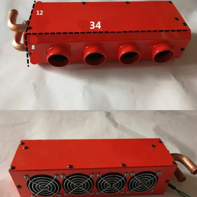 Metal car heater unit with copper pipes for 12V 24V vehicle cabin heating and defrosting.