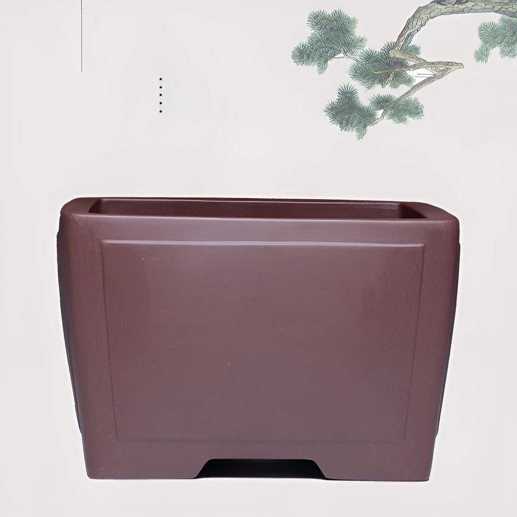 Purple clay succulent bonsai pot in classical style, showing square and rounded shape examples.