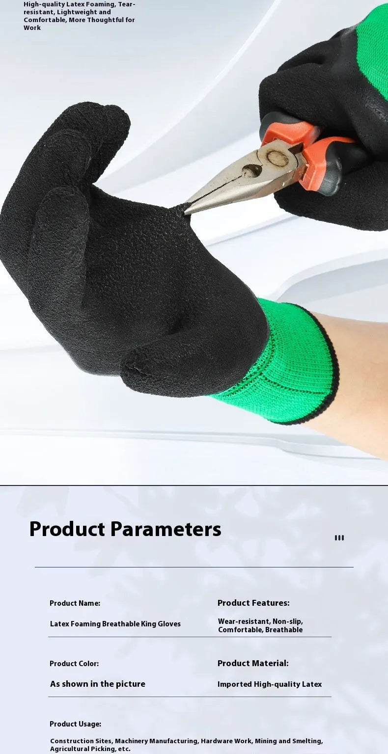 Black and green medium-sized rubber work gloves with visible stitching, shown on a workbench.