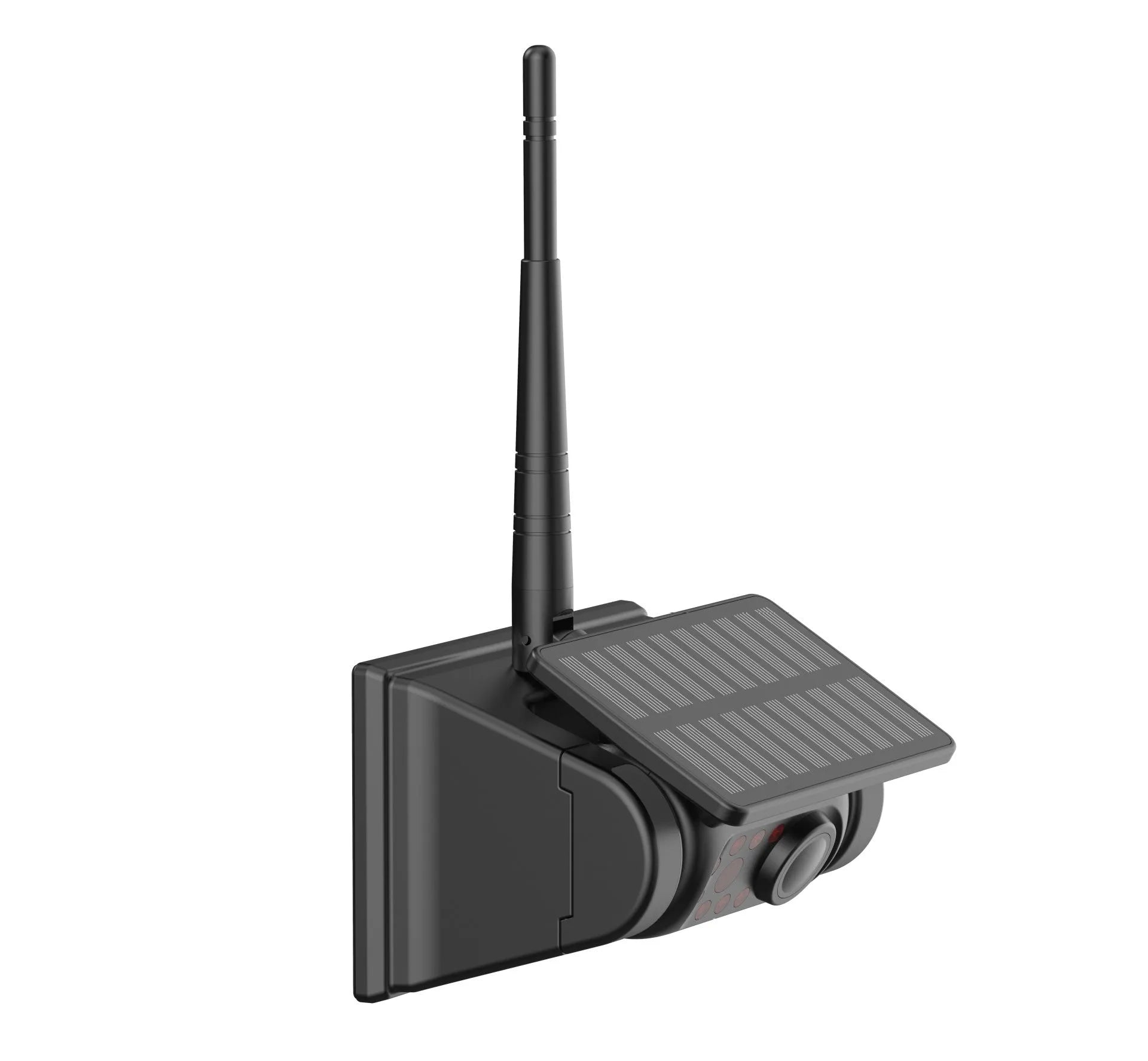 Solar-powered wireless reversing camera with magnetic mount, shown in black.