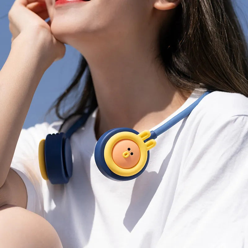 Blue leafless hanging neck fan folded, showing USB port and control buttons