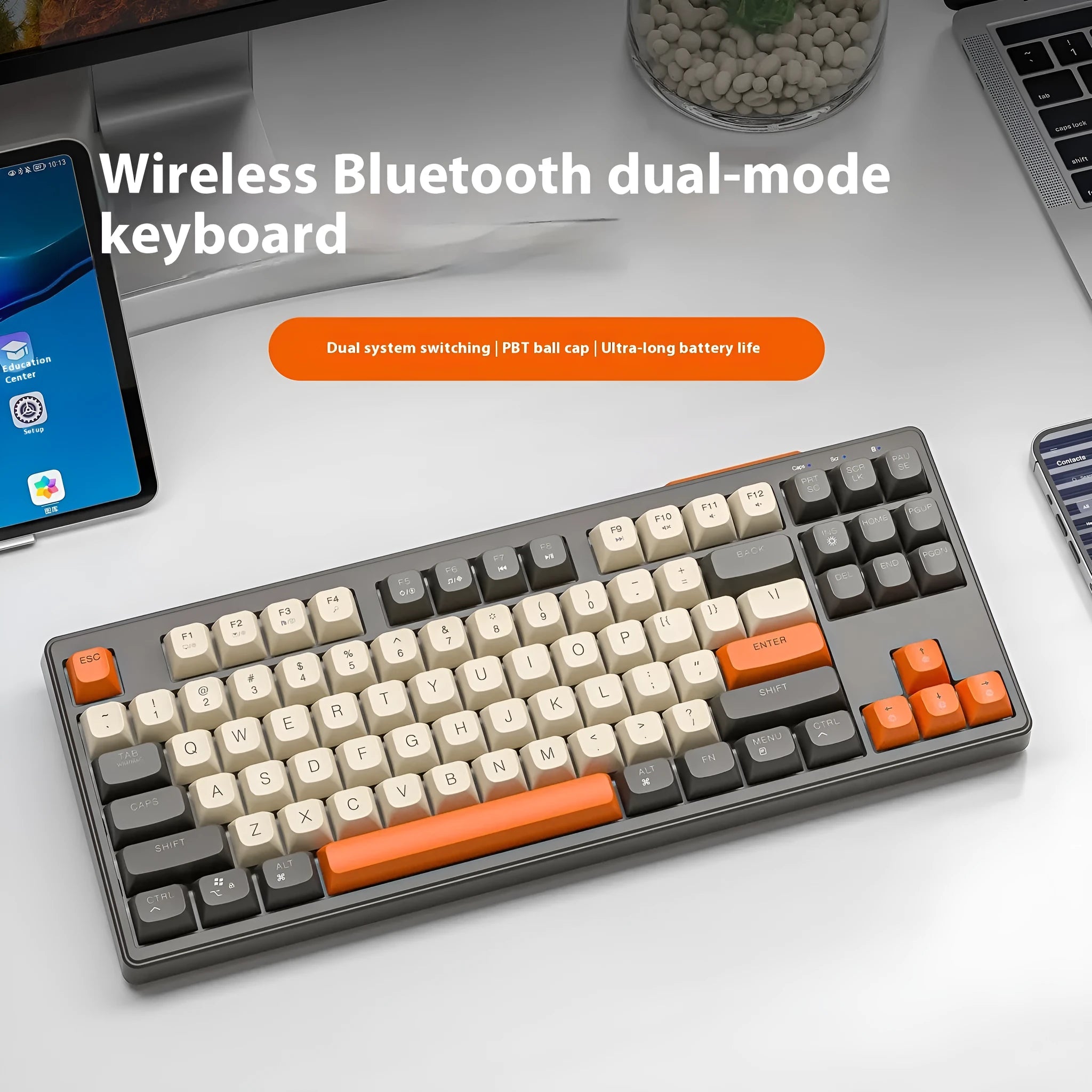 Wireless Bluetooth dual mode mechanical feeling keyboard in Blueberry colour with compact 38 cm design