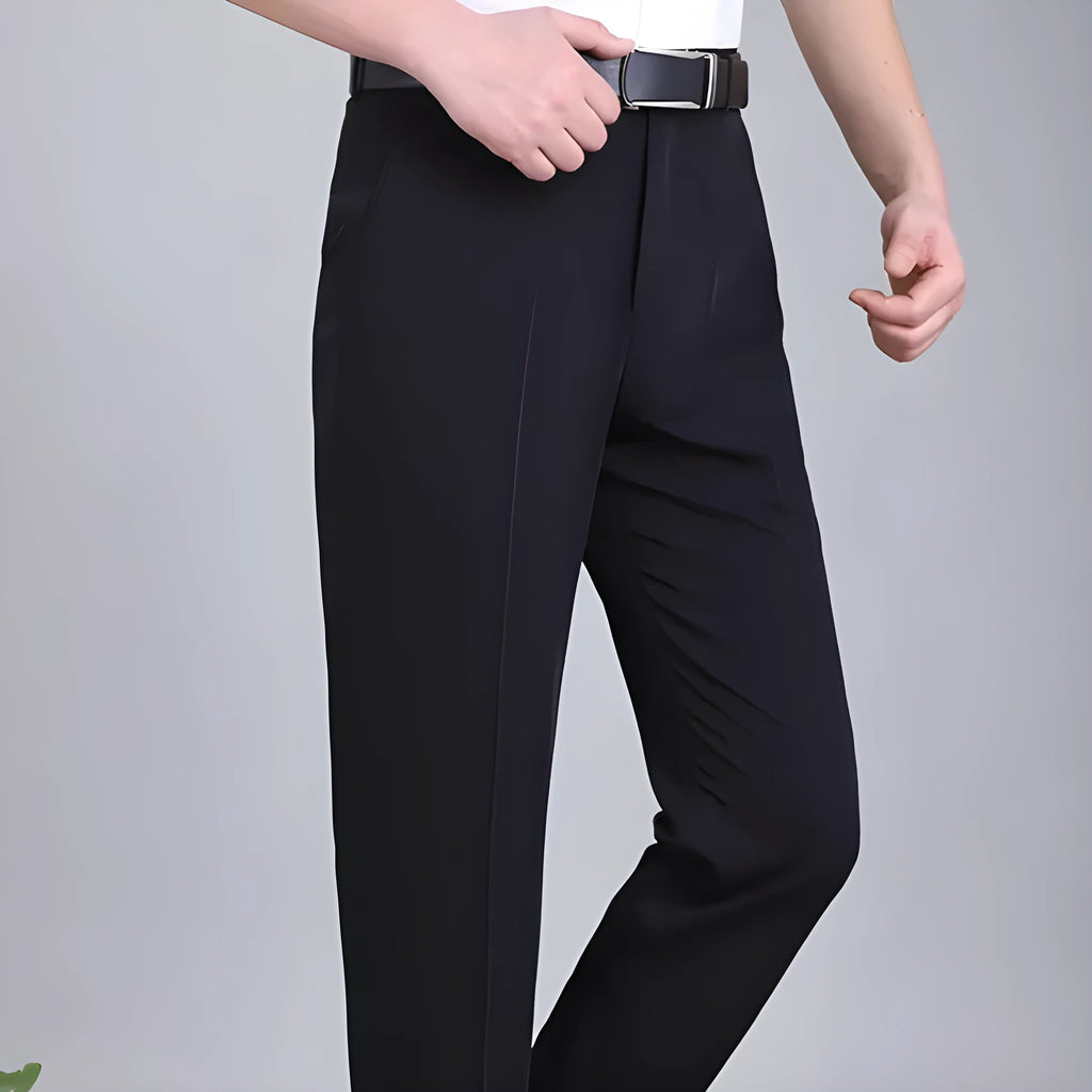 Men's non-iron mulberry silk blend business trousers in straight leg cut with high waist