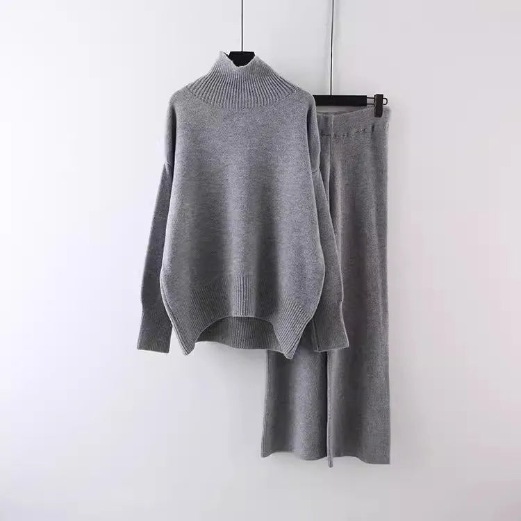 Women's beige acrylic fibre sweater and wide leg pants two-piece casual set