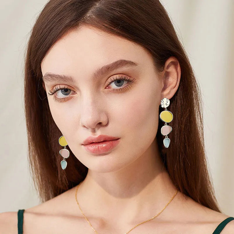 Sterling silver alloy earrings with Morandi three-colour oil drip finish on wafer disc design