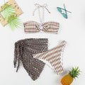 Women's striped three-piece swimsuit set with tube top, shorts, and waist skirt hem in colour option as pictured.