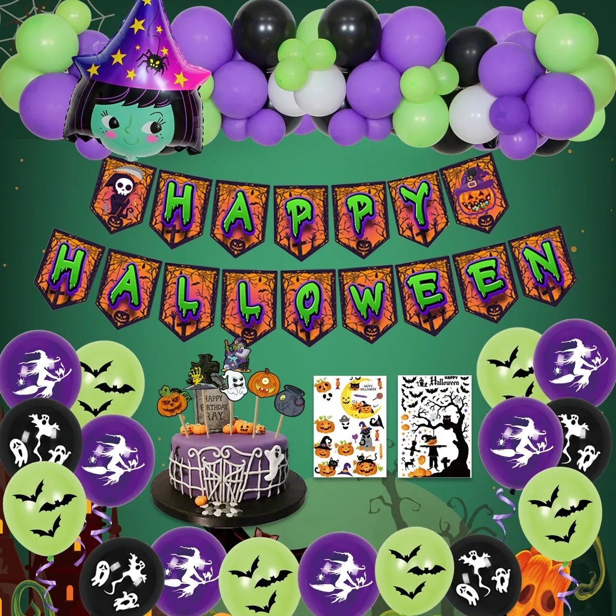 Halloween balloon decoration kit with spider arch, skull and pumpkin designs in white and black colours