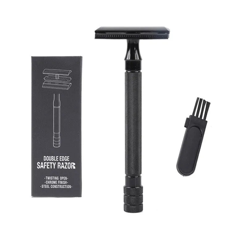 Traditional manual shaving razor with brush set on a black or silver handle